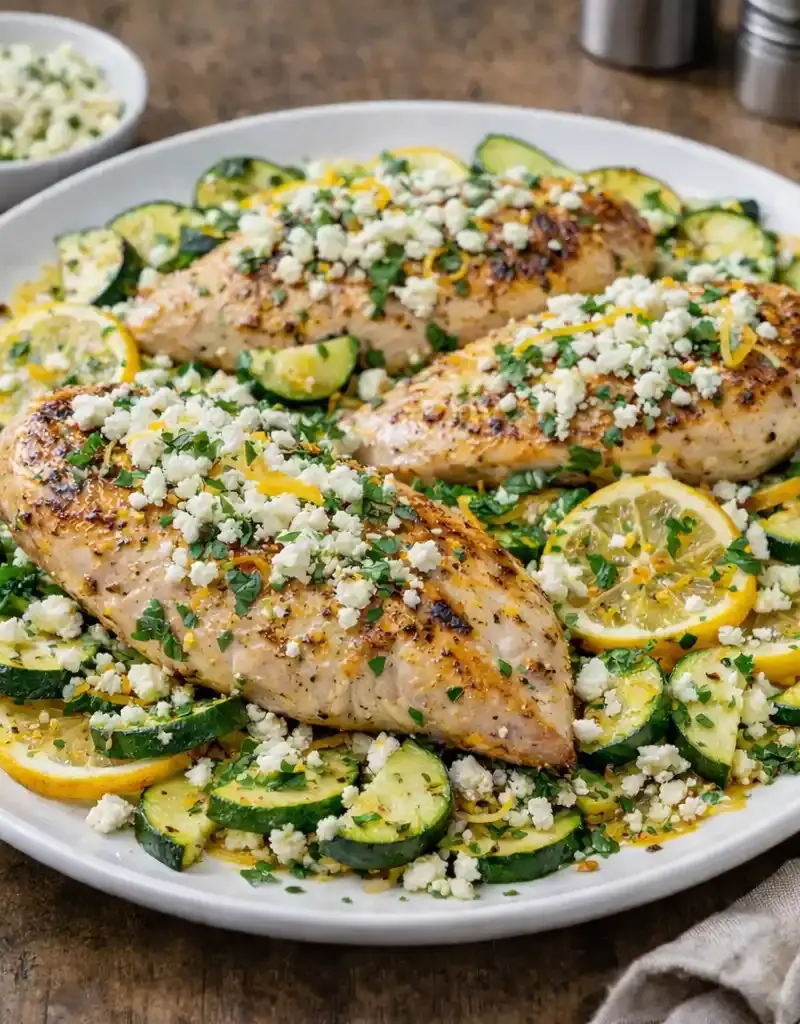 Roasted Feta Chicken with Zucchini and Lemon prepared dish