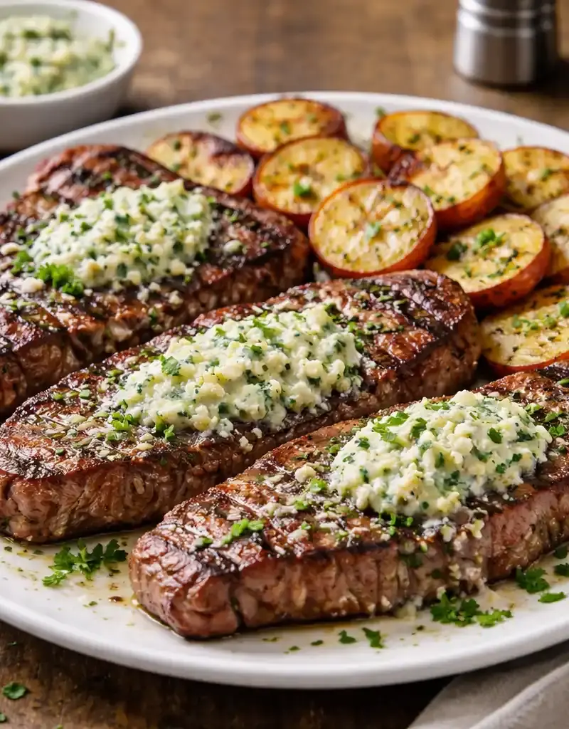 Grilled Strip Steaks and Potatoes with Blue Cheese Butter prepared dish
