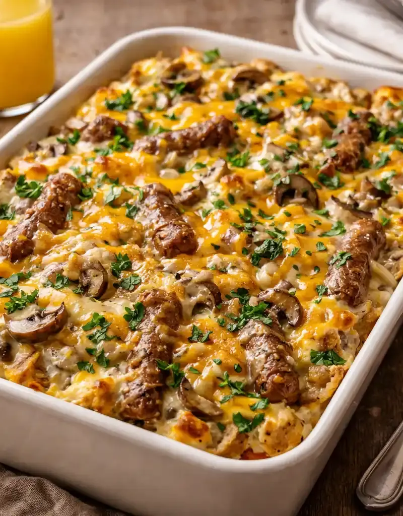 Overnight Sausage and Egg Brunch Casserole prepared dish