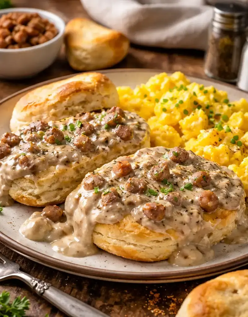 Biscuits with Sausage Gravy and Scrambled Eggs prepared dish