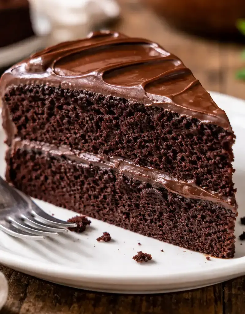 Indulgent chocolate cake slice prepared dish