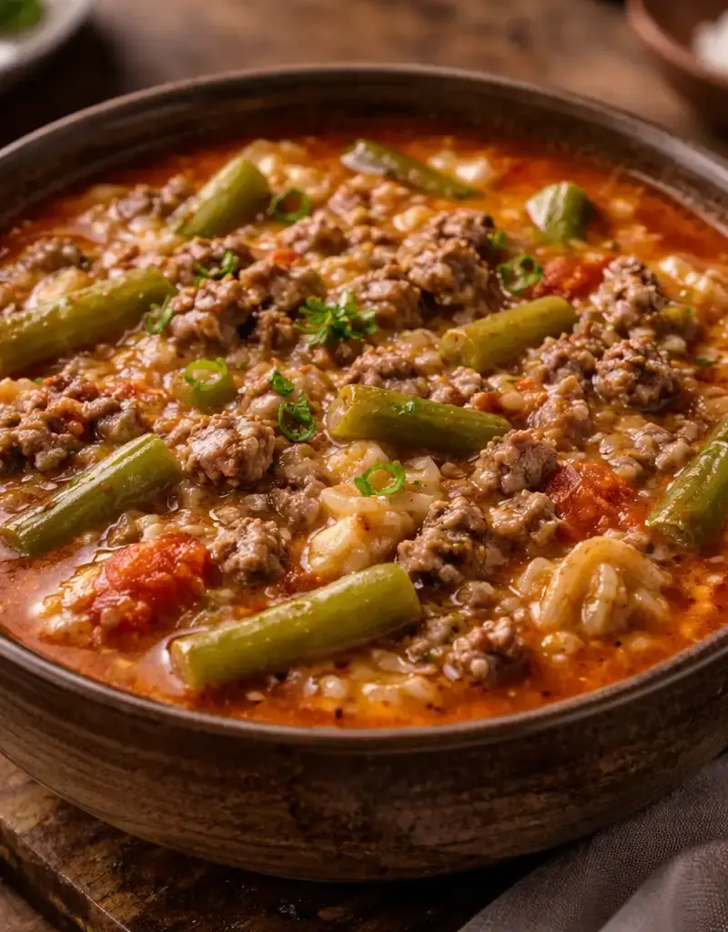 Lean Beef and Green Bean Tomato Soup prepared dish