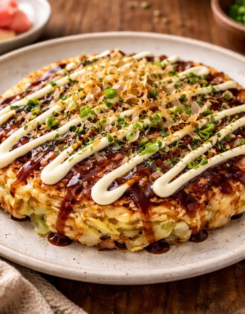 Okonomiyaki (Japanese Savory Pancake) prepared dish