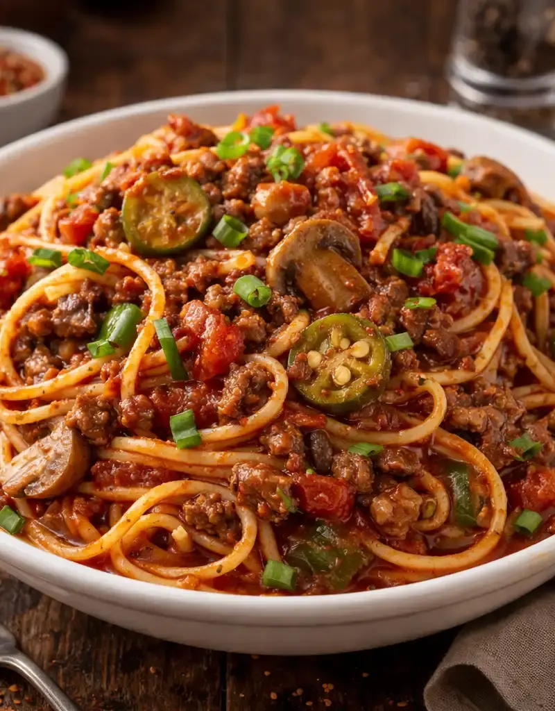 Cajun Spaghetti with Beef, Okra, and Mushrooms prepared dish