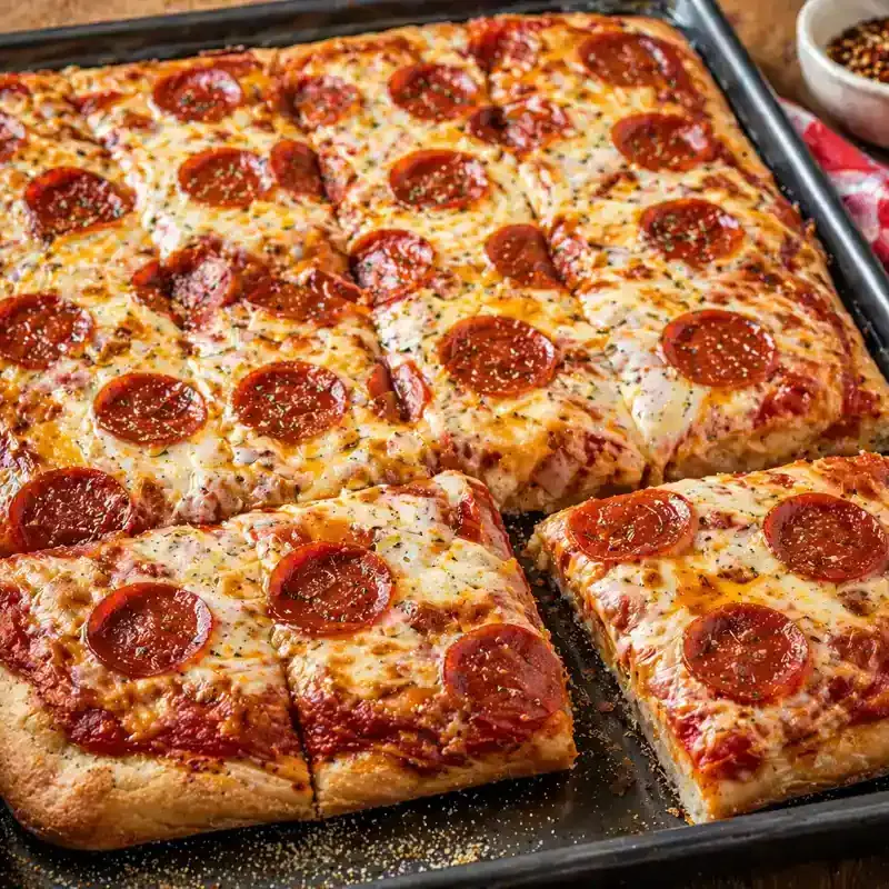 Family-style Pepperoni Sheet Pan Pizza prepared dish
