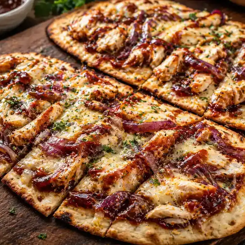 Barbecue Chicken Flatbread Pizza with Gruyère and Caramelized Red Onion prepared dish
