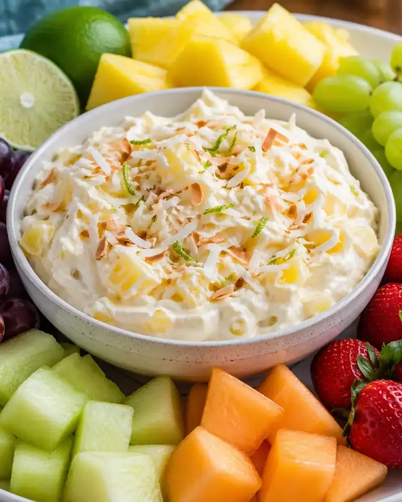 Creamy Pineapple Coconut Fruit Dip prepared dish