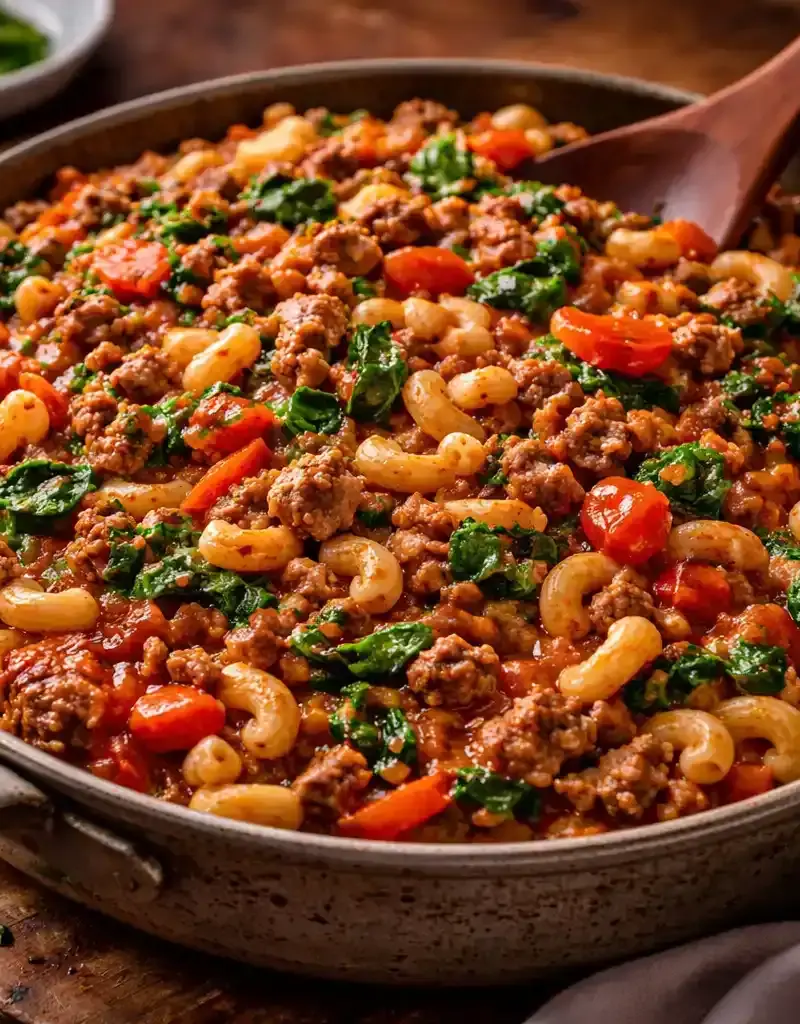 Beef, Spinach, and Tomato Pasta Skillet prepared dish