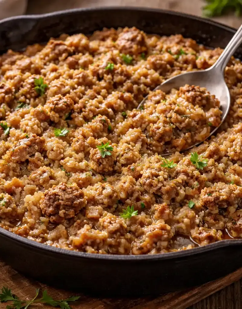 Ground Beef Rice and Gravy Skillet prepared dish