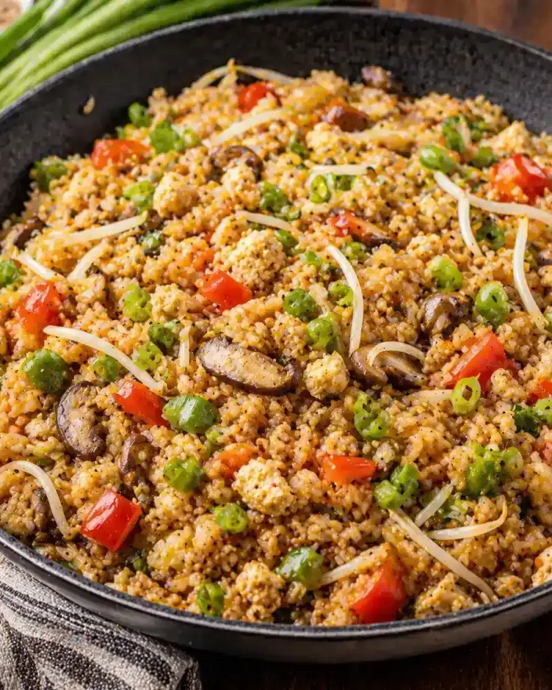 Vegan Fried Brown Rice with Tofu and Vegetables prepared dish