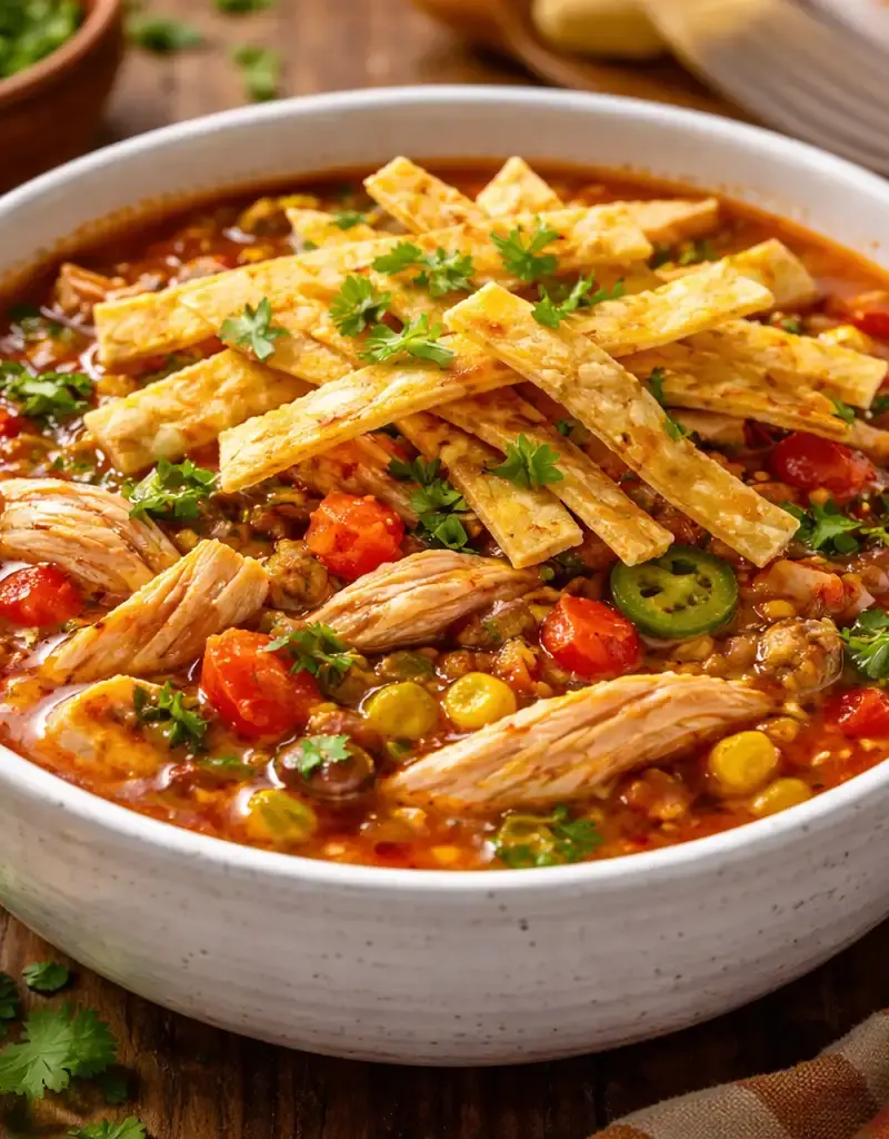 Healthy Slow Cooker Chicken Tortilla Soup prepared dish
