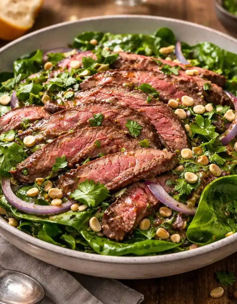 Seared Steak and Spinach Salad with Soy Lime Dressing prepared dish
