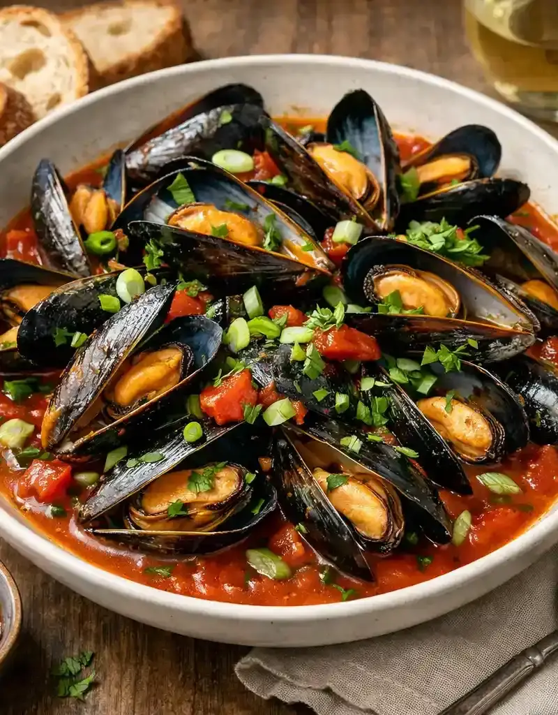 Mussels in Spicy Tomato and White Wine Broth prepared dish