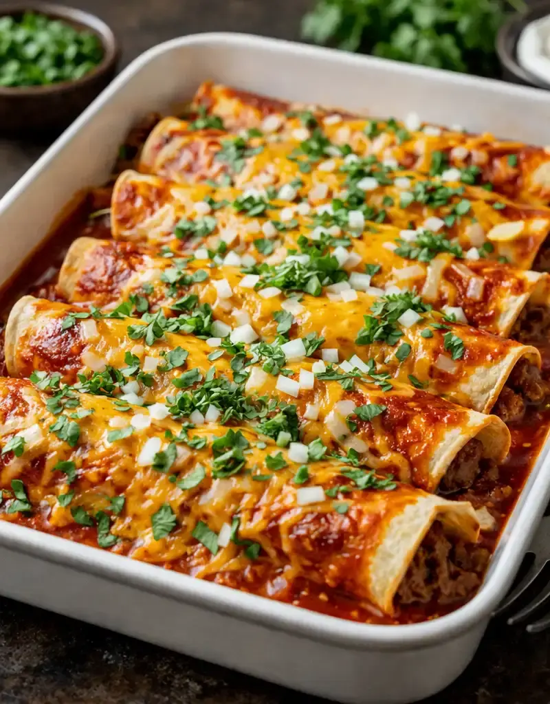 Easy Beef and Cheddar Enchiladas prepared dish