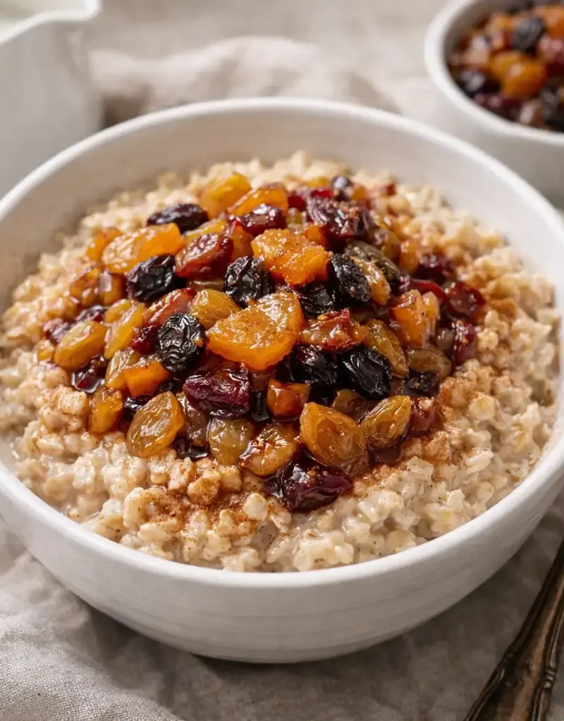 Oatmeal with dried fruit compote prepared dish