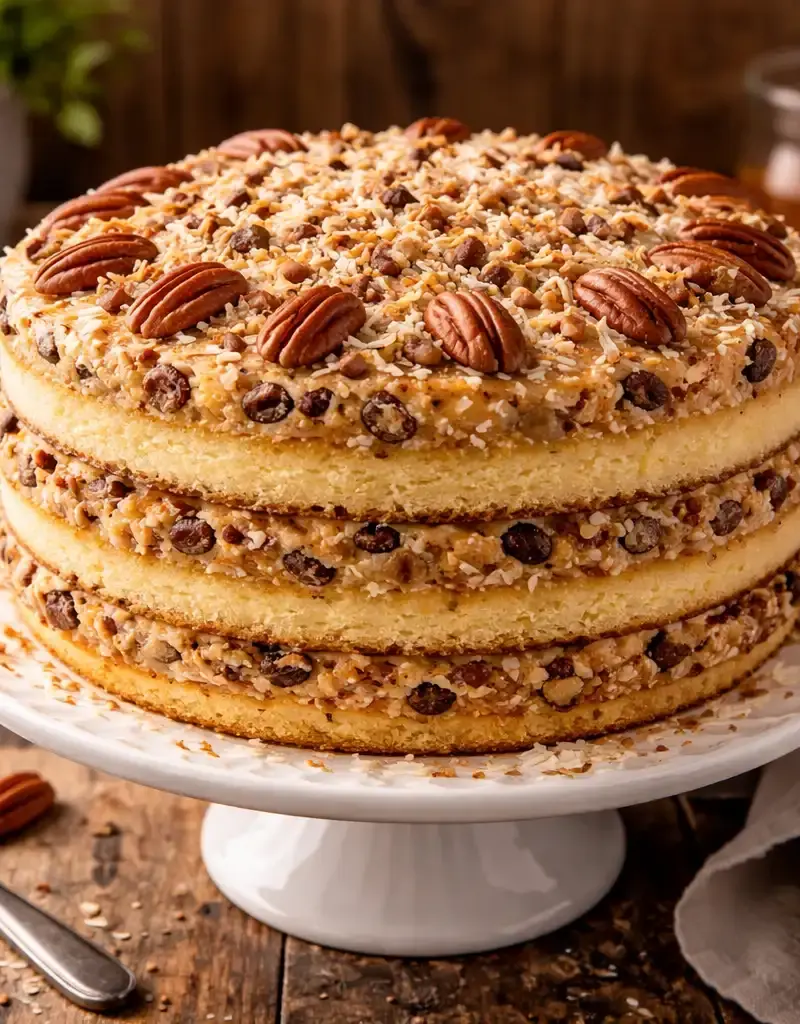 Bourbon Coconut Pecan Layer Cake prepared dish