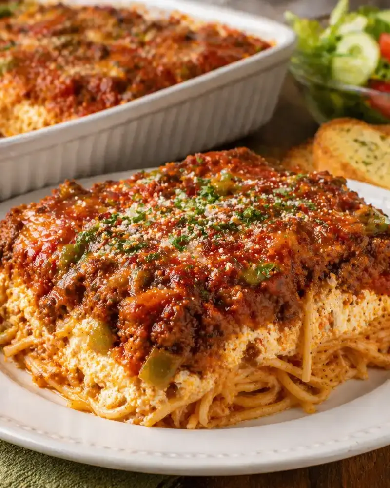 Creamy Spaghetti Beef Casserole prepared dish