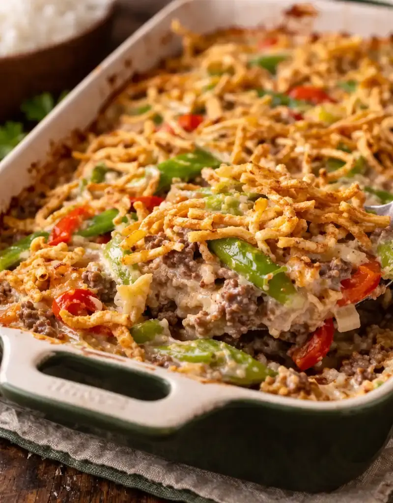 Savory Beef and Pea Pod Casserole prepared dish