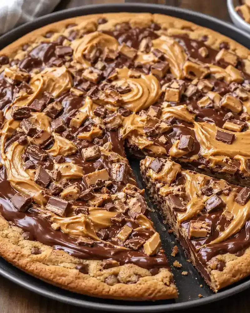 Peanut Butter Chocolate Cookie Pizza prepared dish