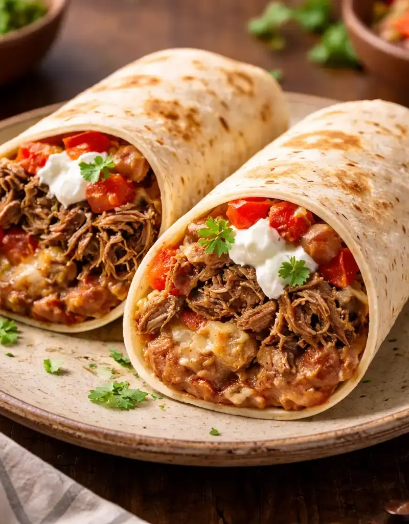 Slow Cooker Beef and Bean Burritos prepared dish