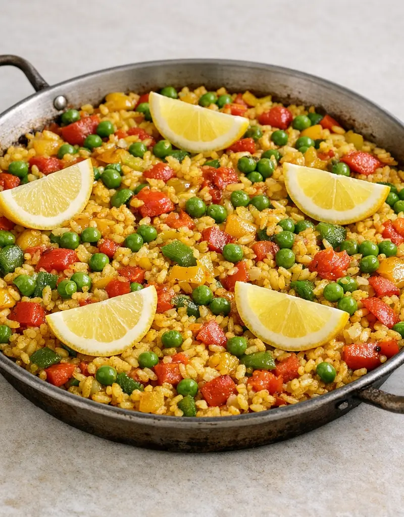 Vegetarian Paella With Bell Peppers And Peas prepared dish