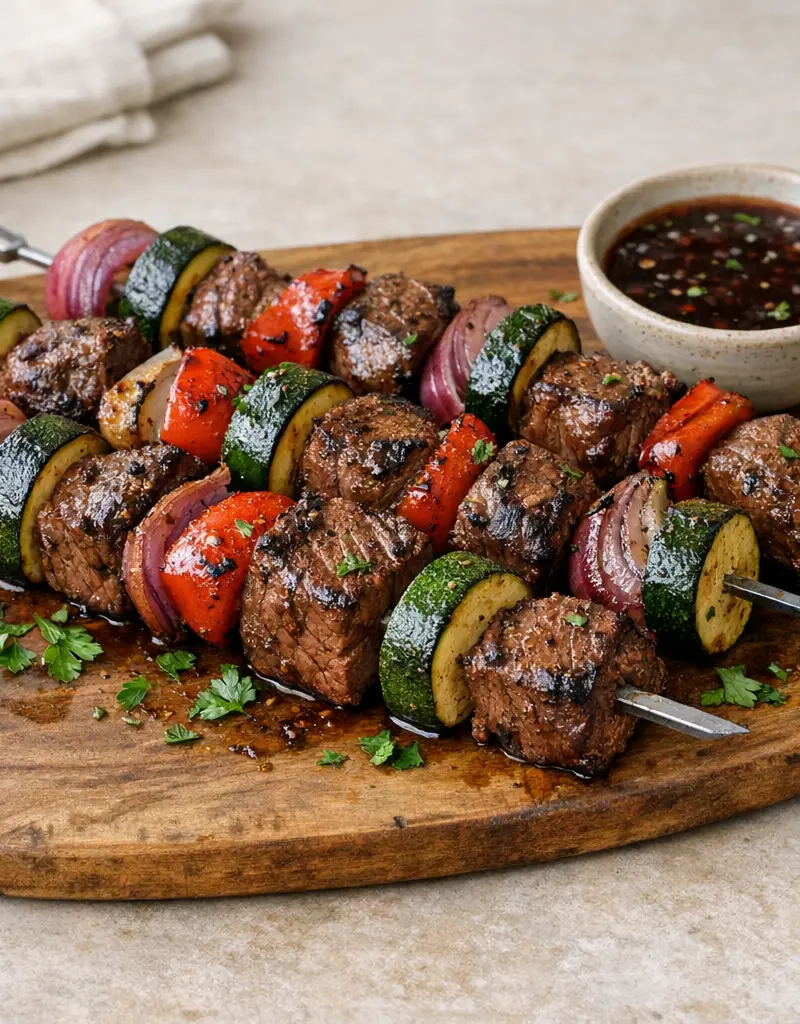 Beef And Vegetable Kabobs With Red Wine Marinade prepared dish
