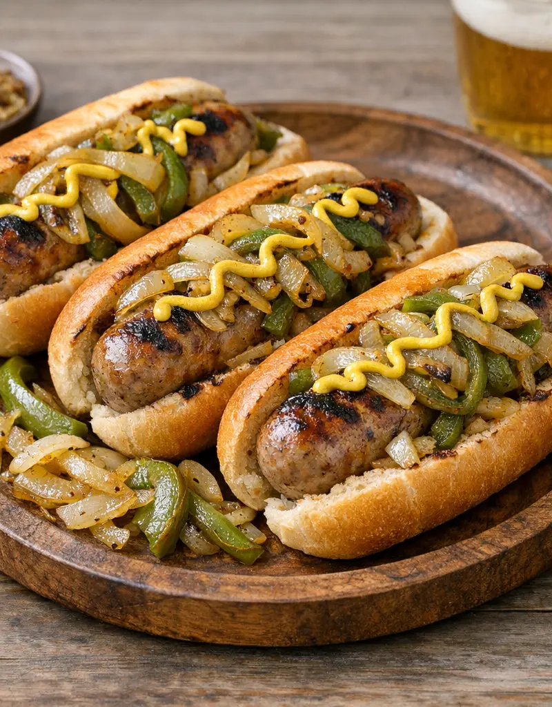 Grilled Chicago-style Beer Brats prepared dish