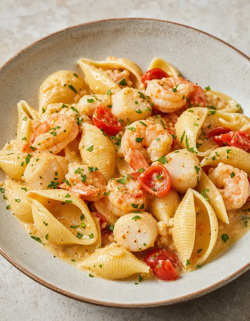 Large Shell Pasta with Seafood Sauce prepared dish
