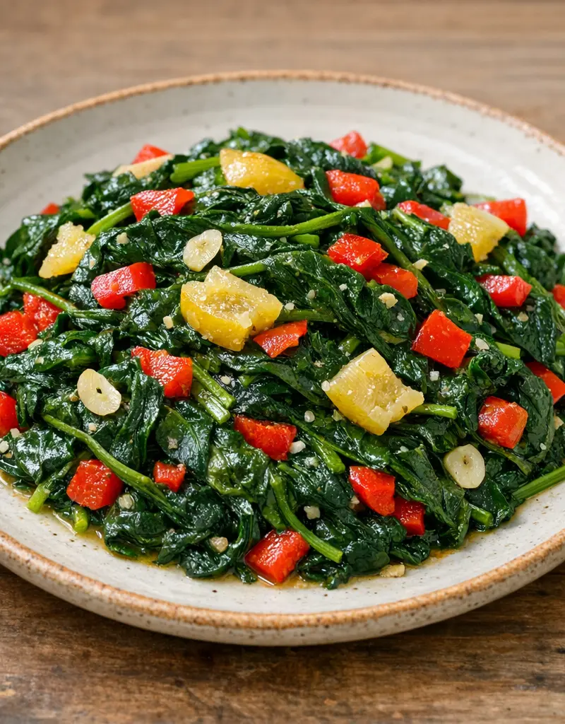 Sautéed Spinach With Red Bell Pepper And Preserved Lemons prepared dish
