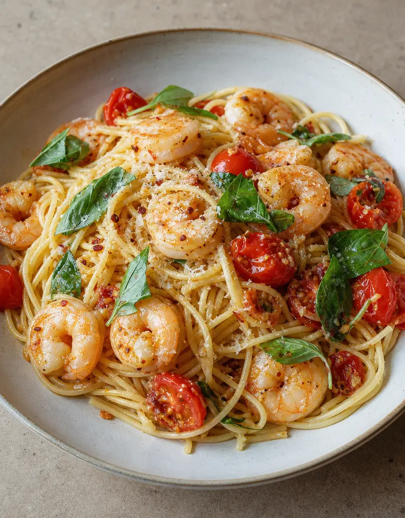 Garlic Shrimp Pasta with Fresh Tomatoes prepared dish