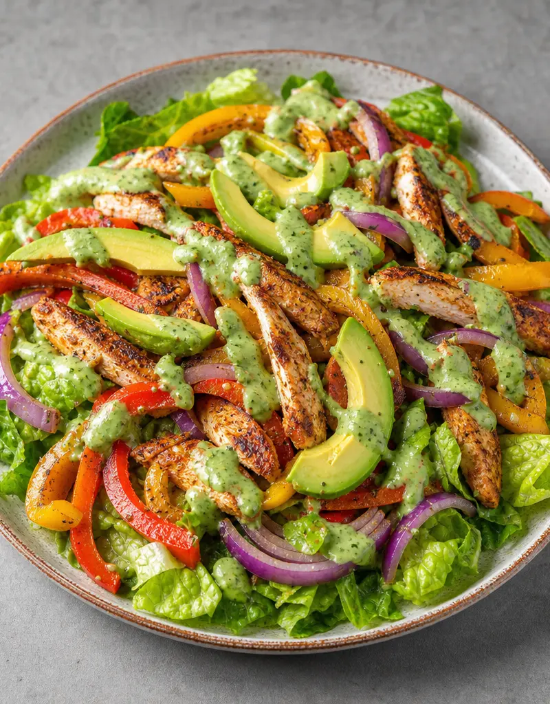 Fajita Salad with Creamy Cilantro Lime Dressing prepared dish