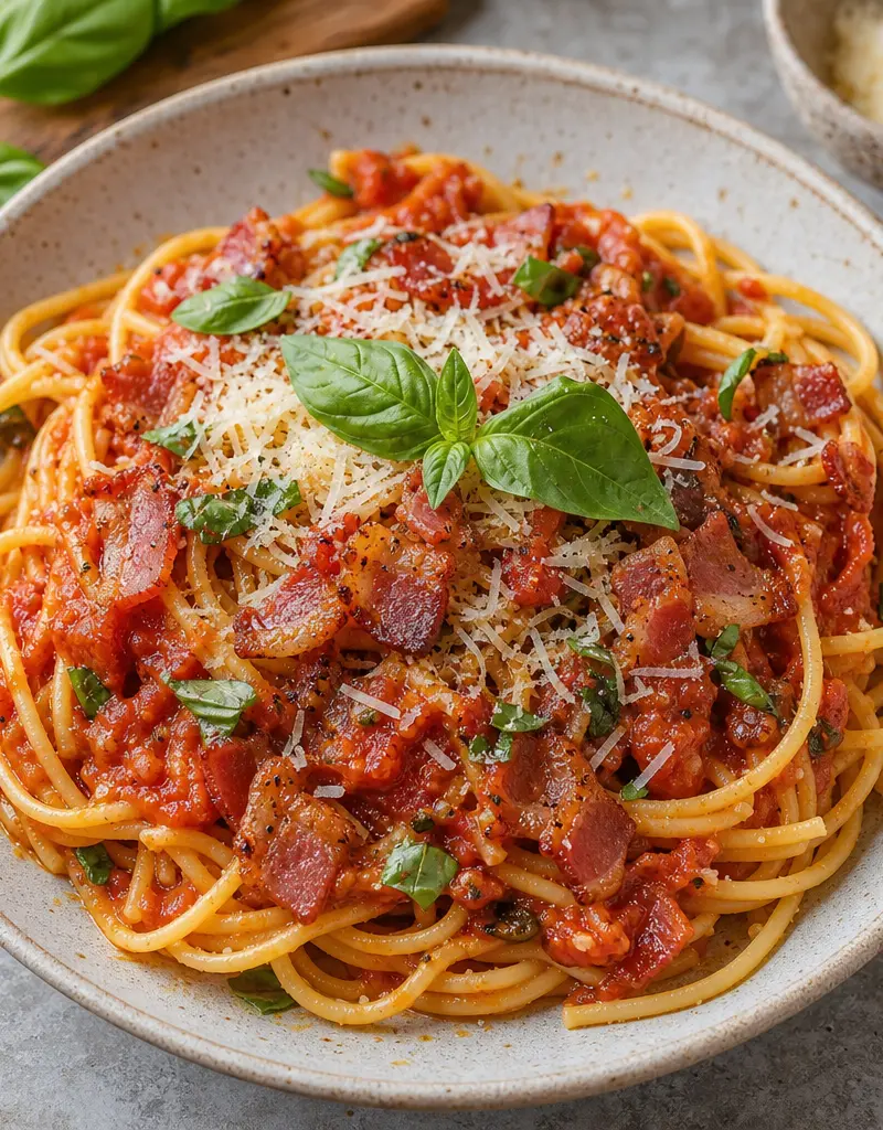 Bacon and Basil Pasta Sauce prepared dish