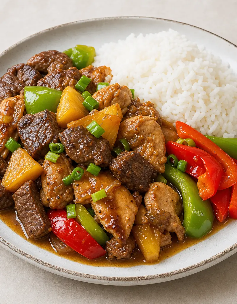 Hawaiian Chicken with Steak and Ale Sauce prepared dish