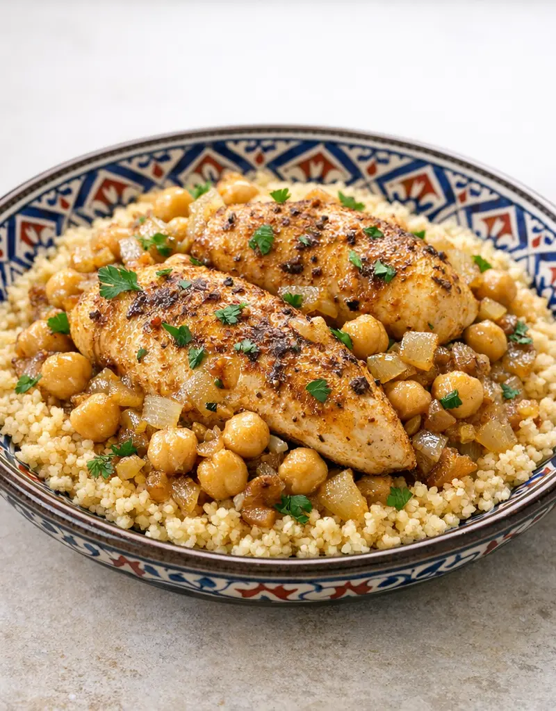 Moroccan Chicken Couscous With Chickpeas prepared dish