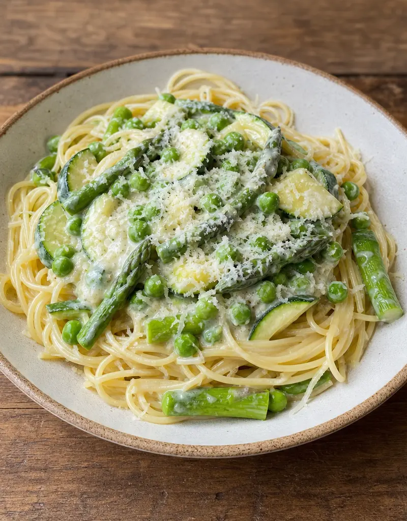 Spaghetti with Creamy Spring Vegetable Sauce prepared dish