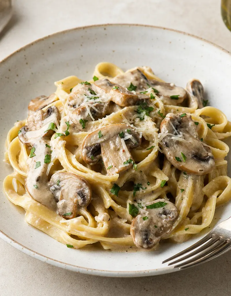 Fettuccine with Creamy Mushroom Sauce prepared dish