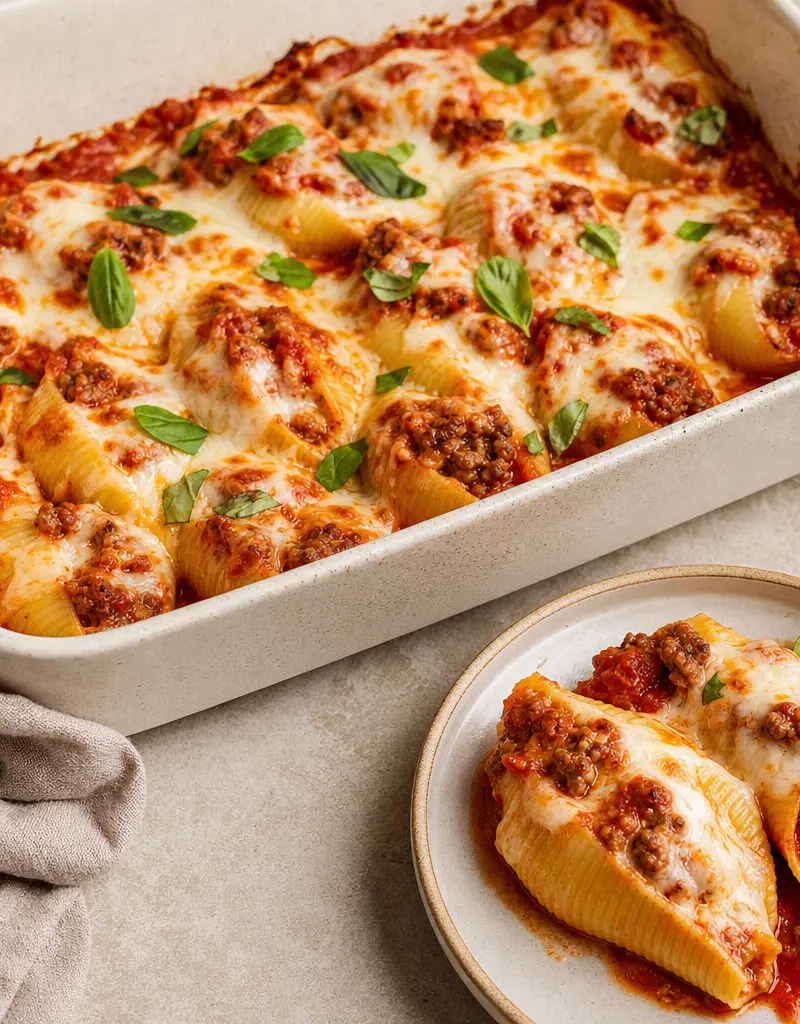 Beef and Cheese Stuffed Shells prepared dish