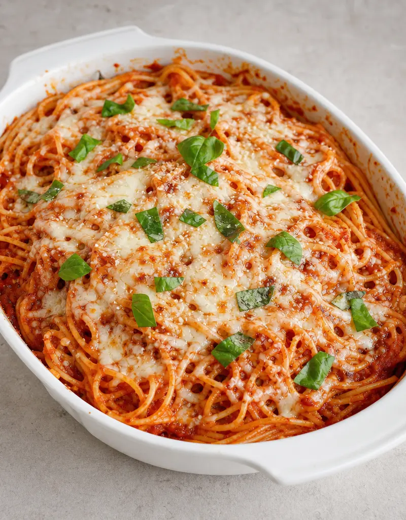 Baked Spaghetti with Marinara Sauce prepared dish