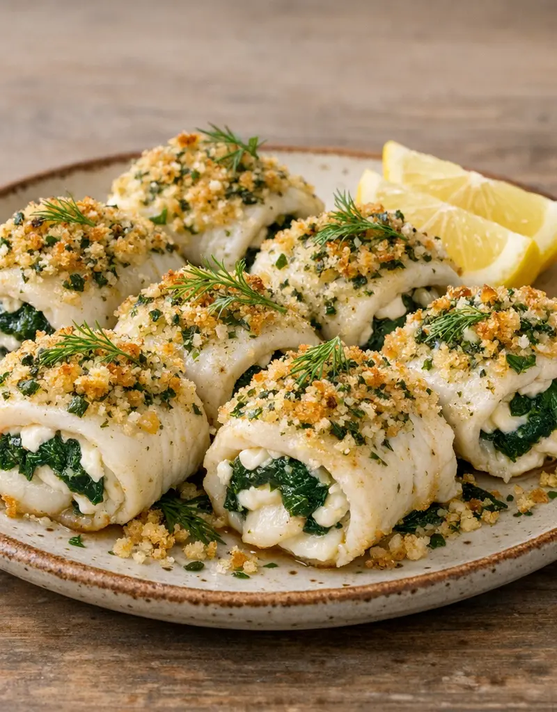 Herb-crusted Fish Roll-ups prepared dish