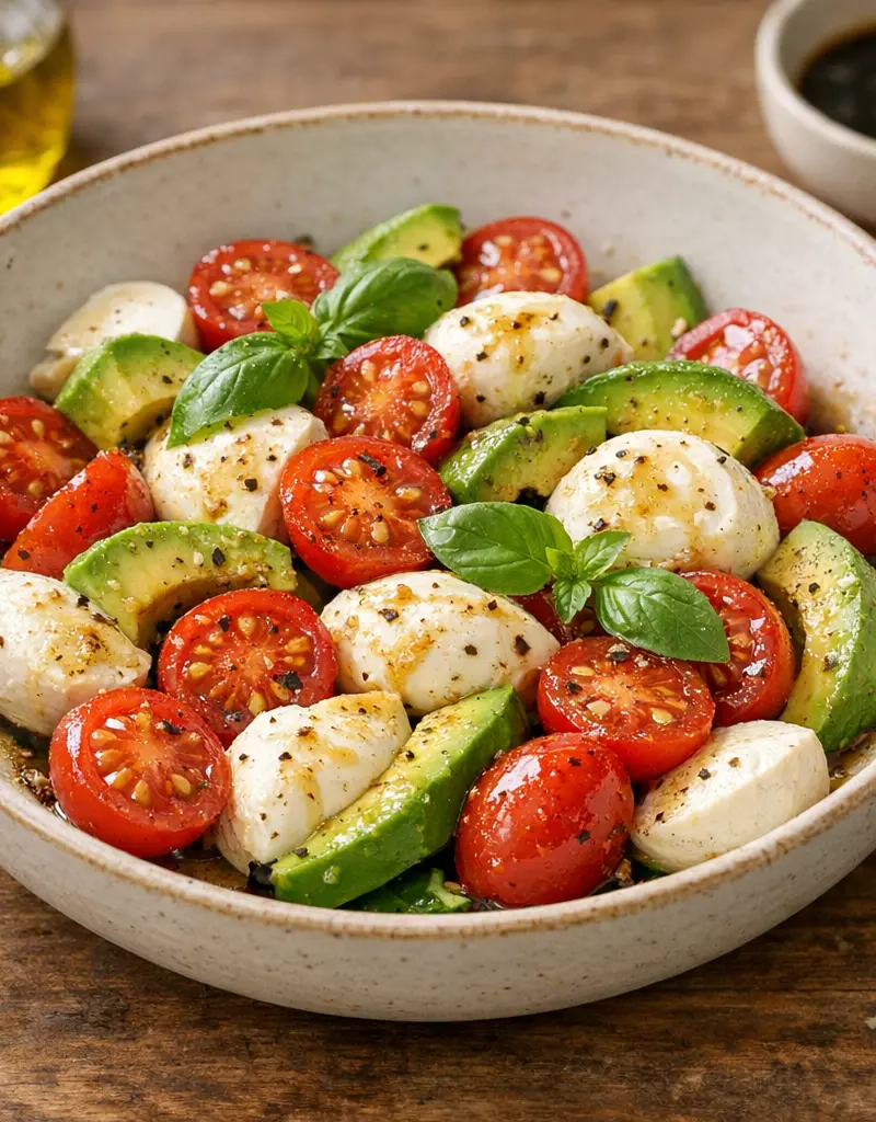 Mozzarella, Avocado, And Tomato Salad With Vinaigrette prepared dish