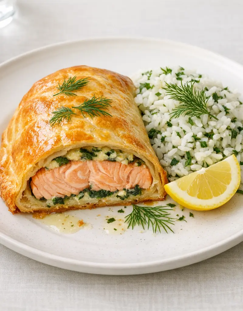 Salmon En Croûte With Herb Rice prepared dish