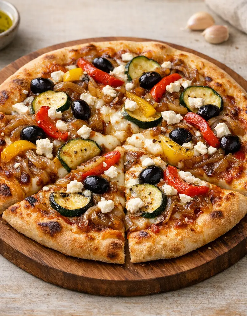Mediterranean Pizza With Caramelized Onions prepared dish