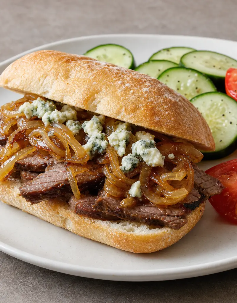 Flank Steak Sandwiches with Caramelized Onions and Blue Cheese prepared dish