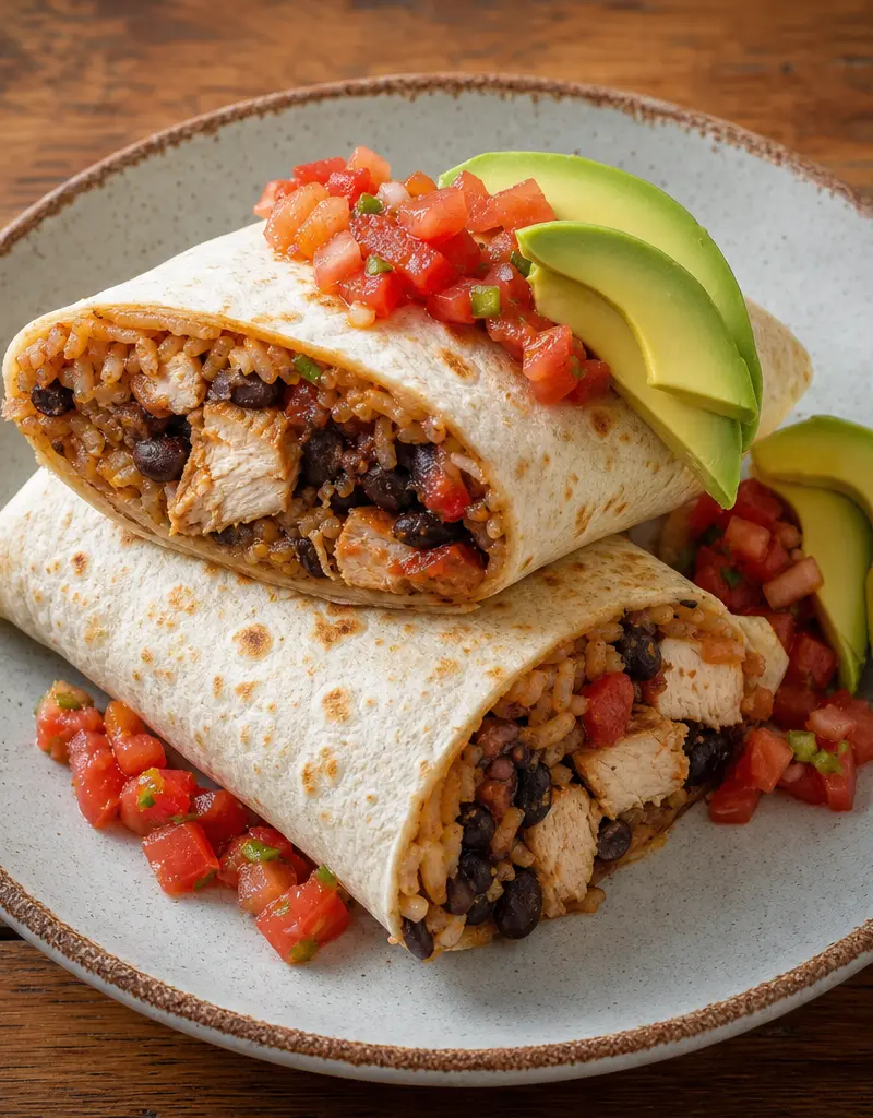 Chicken Burritos with Black Beans and Rice prepared dish