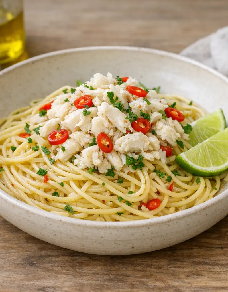 Spaghettini With Crab, Lime, And Chili prepared dish