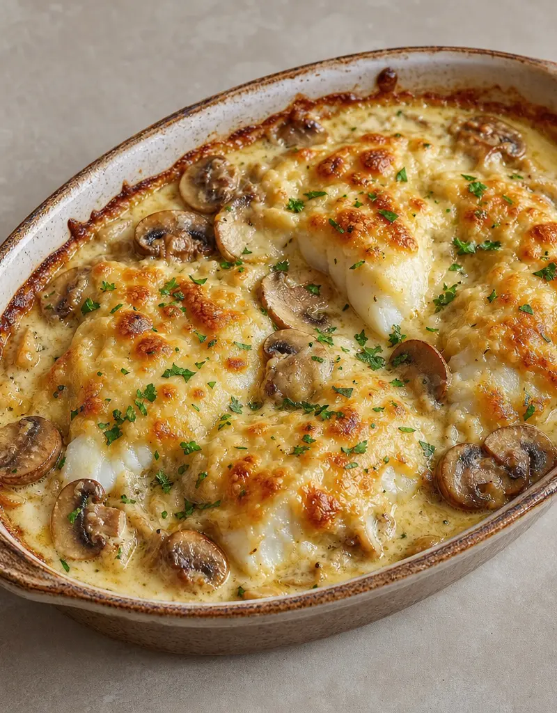 Fish Gratin with Button Mushrooms prepared dish