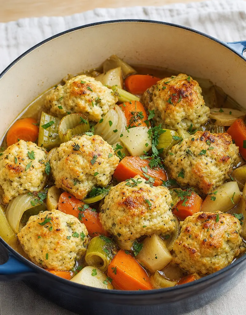 Pot-roasted Vegetables with Parmesan Thyme Dumplings prepared dish