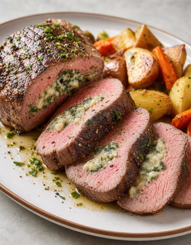 Gorgonzola Stuffed Beef Tenderloin prepared dish