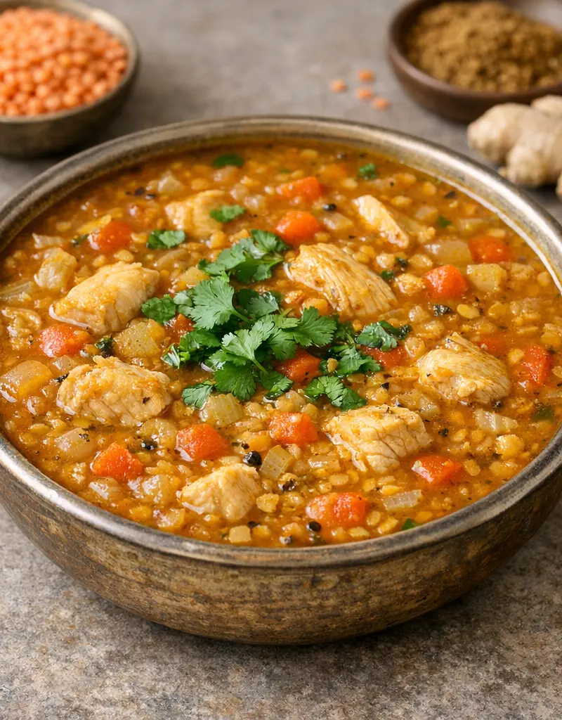 Indian Style Red Lentil And Chicken Soup prepared dish