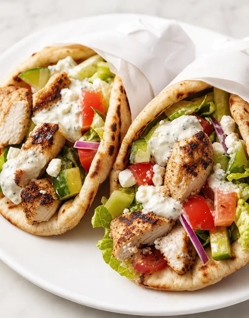 Chicken Souvlaki Pitas with Greek Dressing prepared dish